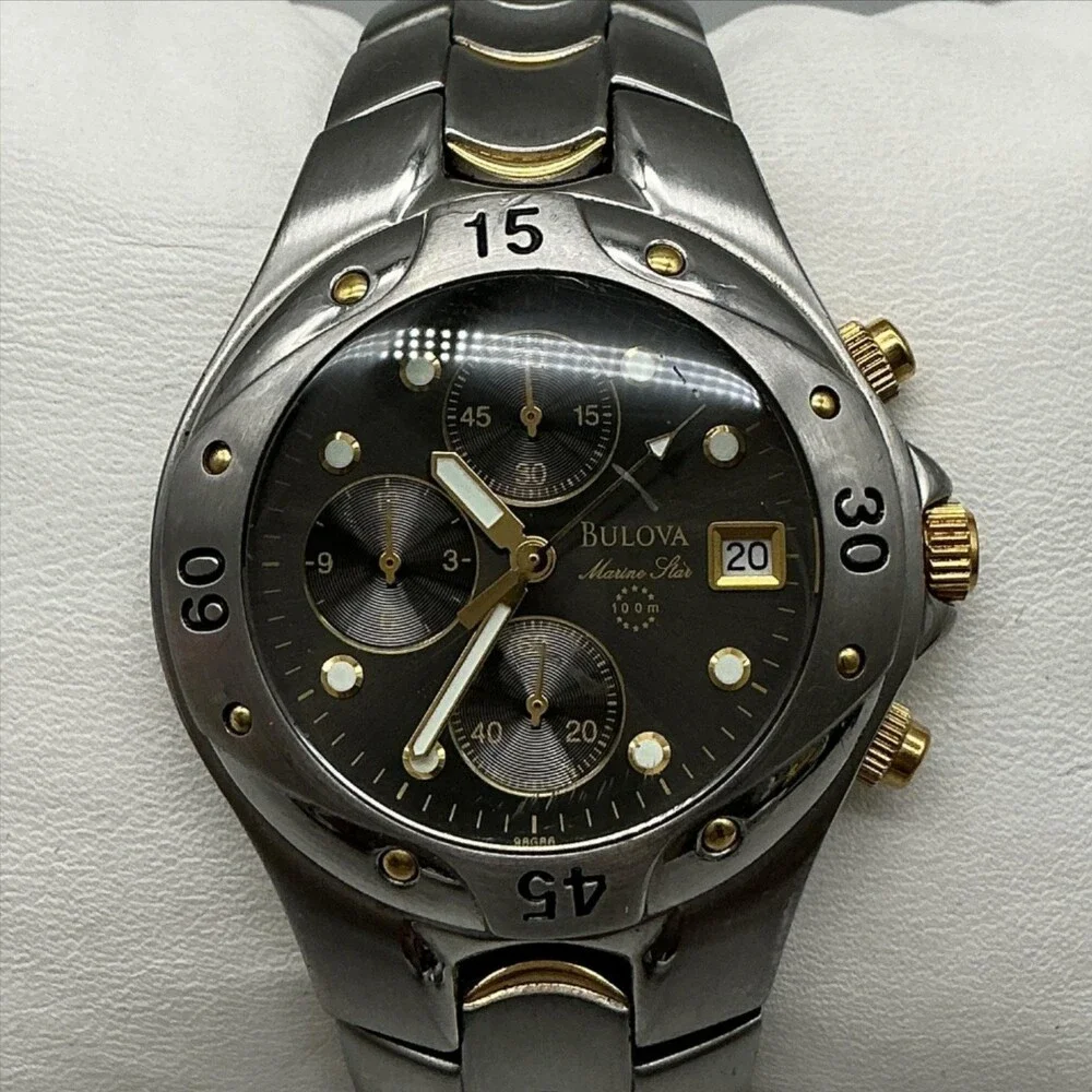Bulova Marine Star Mens Watch 38mm Two Tone Chronograph 98G86 New Battery 7.5